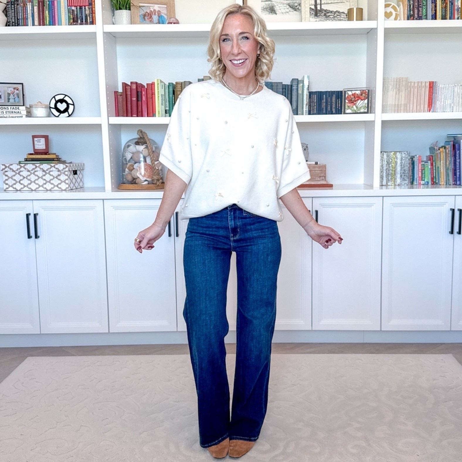 * Bella Stretch Relaxed Straight Jeans - Color: Atlantic Blue - Size: 25 - Inseam: 28.

Pearl & Bow Embellished Short Sleeve Sweater - size small (should have gotten an XS). 3 colors.

 

#LTKSeasonal #LTKOver40 #LTKFindsUnder50