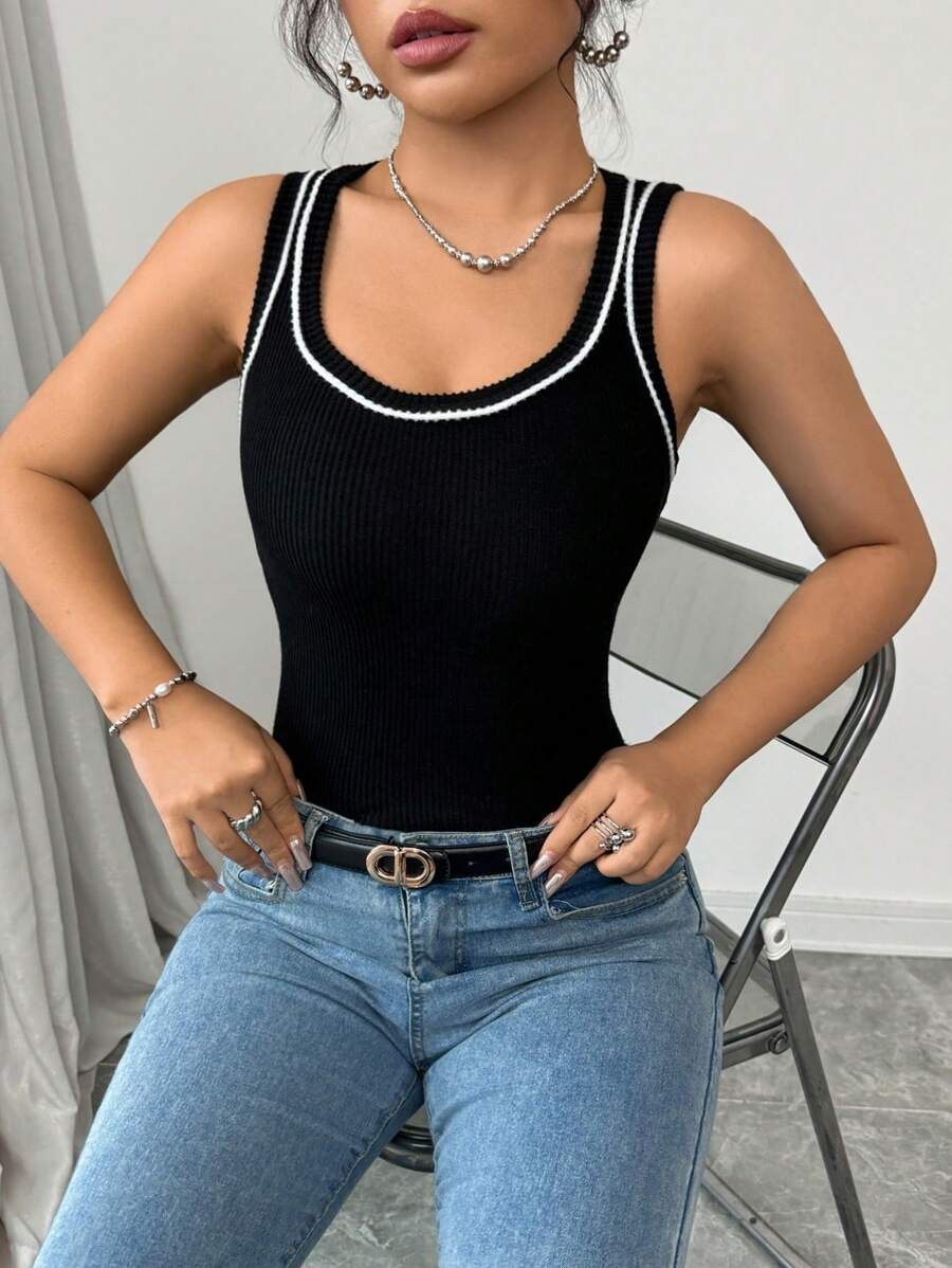 Siren Gaze Women's Solid Color Contrast Strap Simple Casual Tank Top French Casual Solid Color Bl... | SHEIN