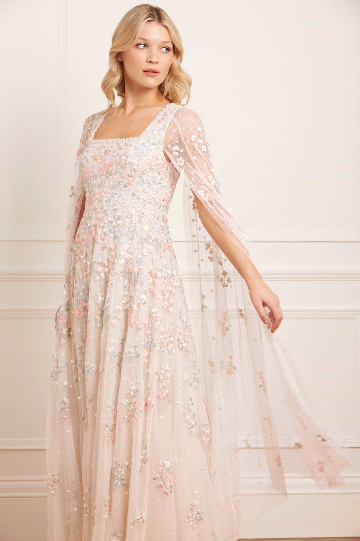 Versailles Ditsy Cape Sleeve Ankle Gown | Needle & Thread US