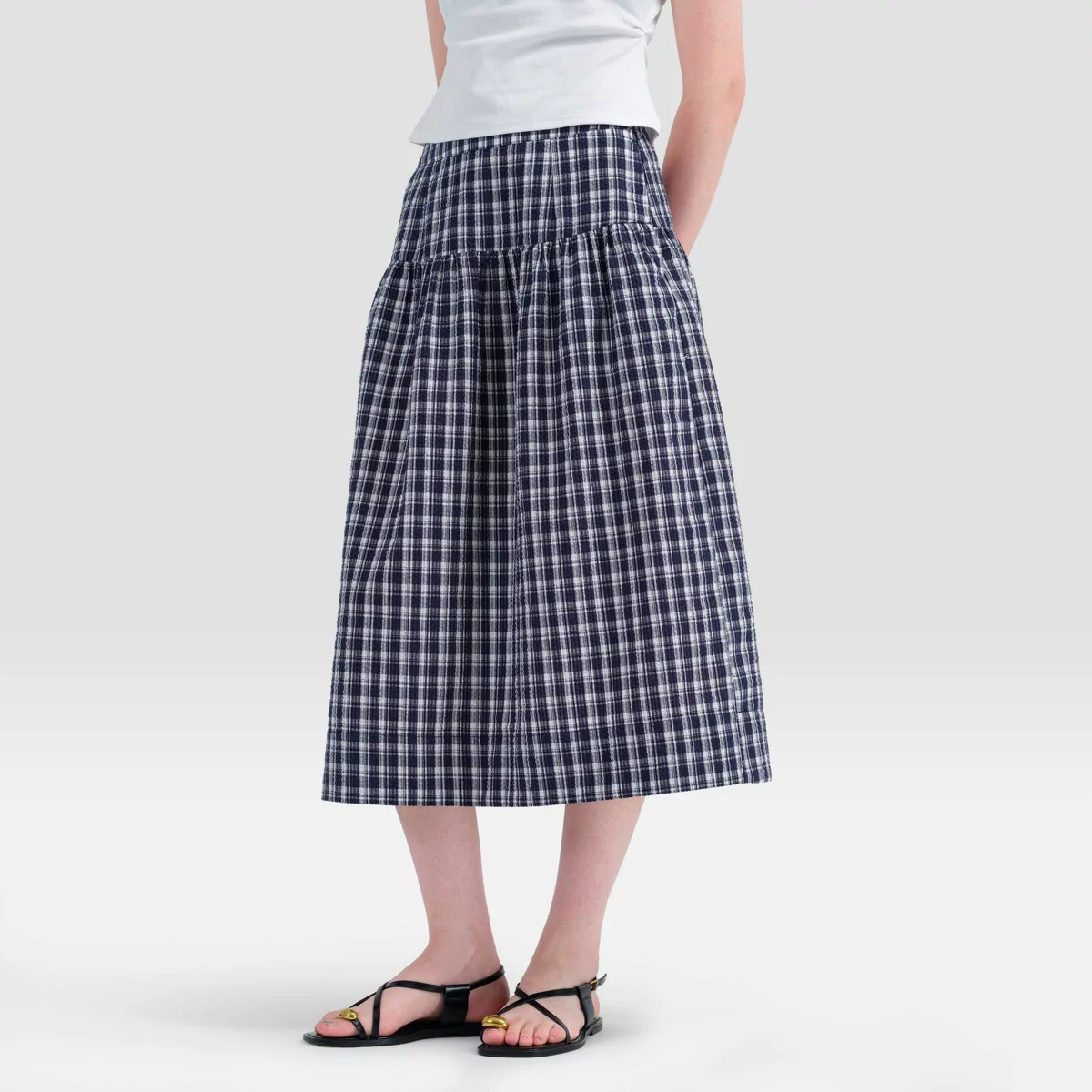 Women's Tiered Midi Skirt - Universal Thread™ Navy/White Plaid L | Target