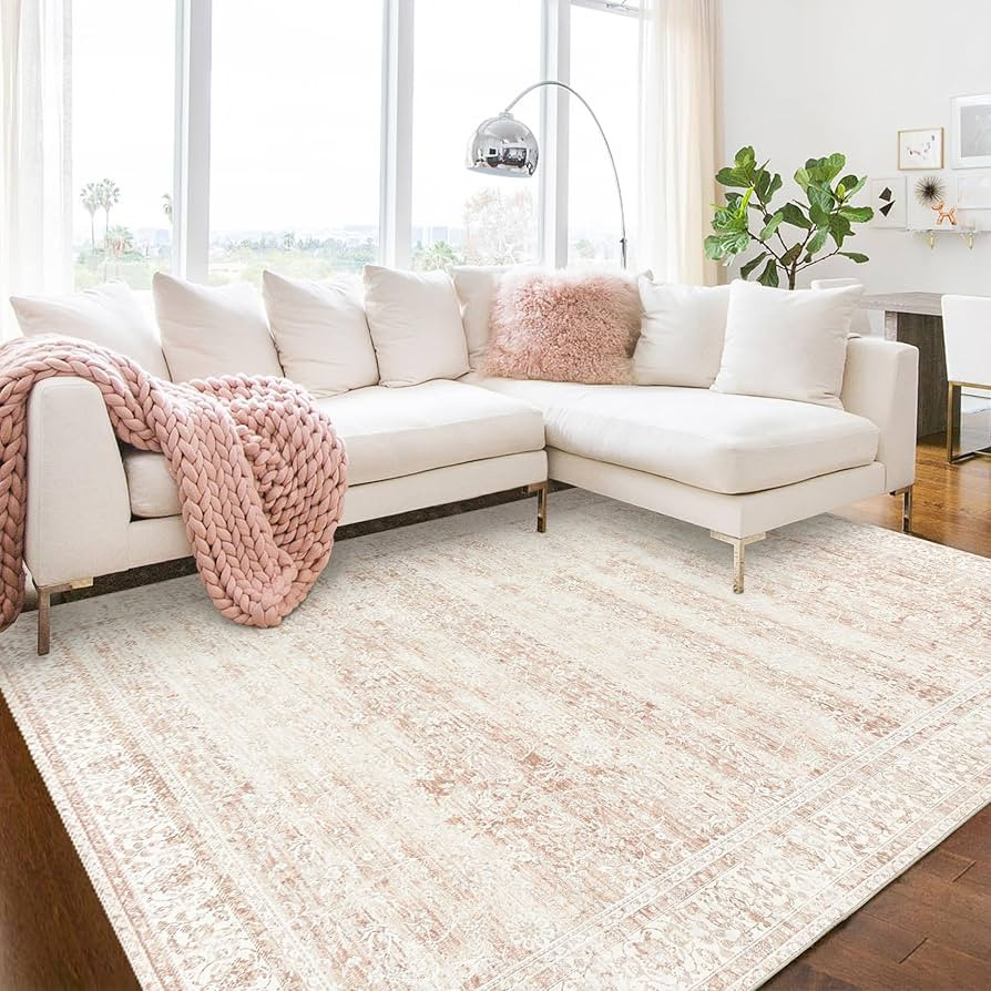 Pink Area Rug for Living Room Soft Washable Faux Wool Neutral Boho Floral Big Nursery Bed Bedroom... | Amazon (US)