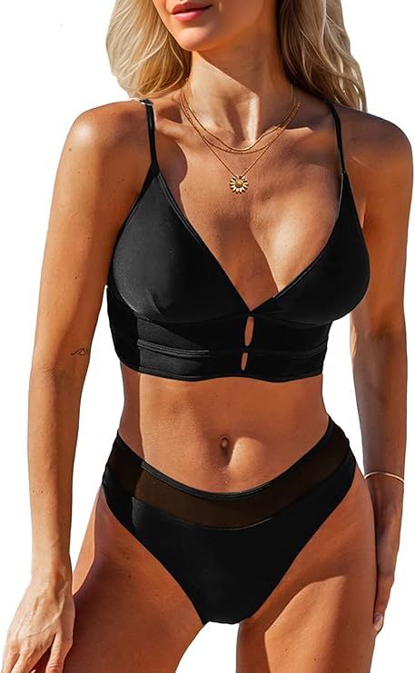 Saodimallsu Womens Mesh Bikini Sets Two Piece Push Up Swimsuits Sexy Cutout V Neck Spaghetti Stra... | Amazon (US)