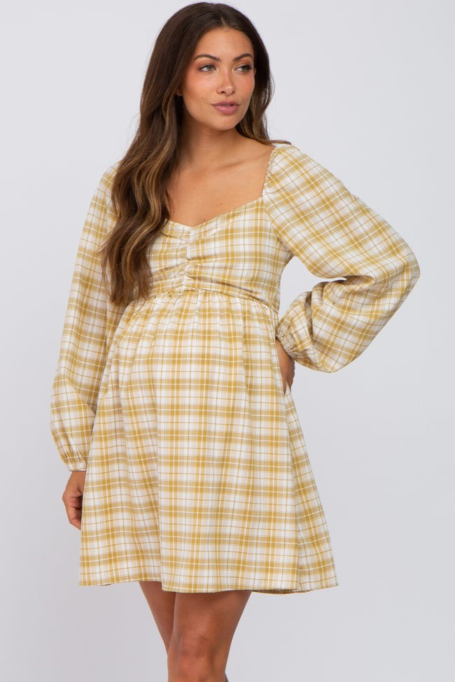Mustard Plaid Long Sleeve Maternity Dress | PinkBlush Maternity