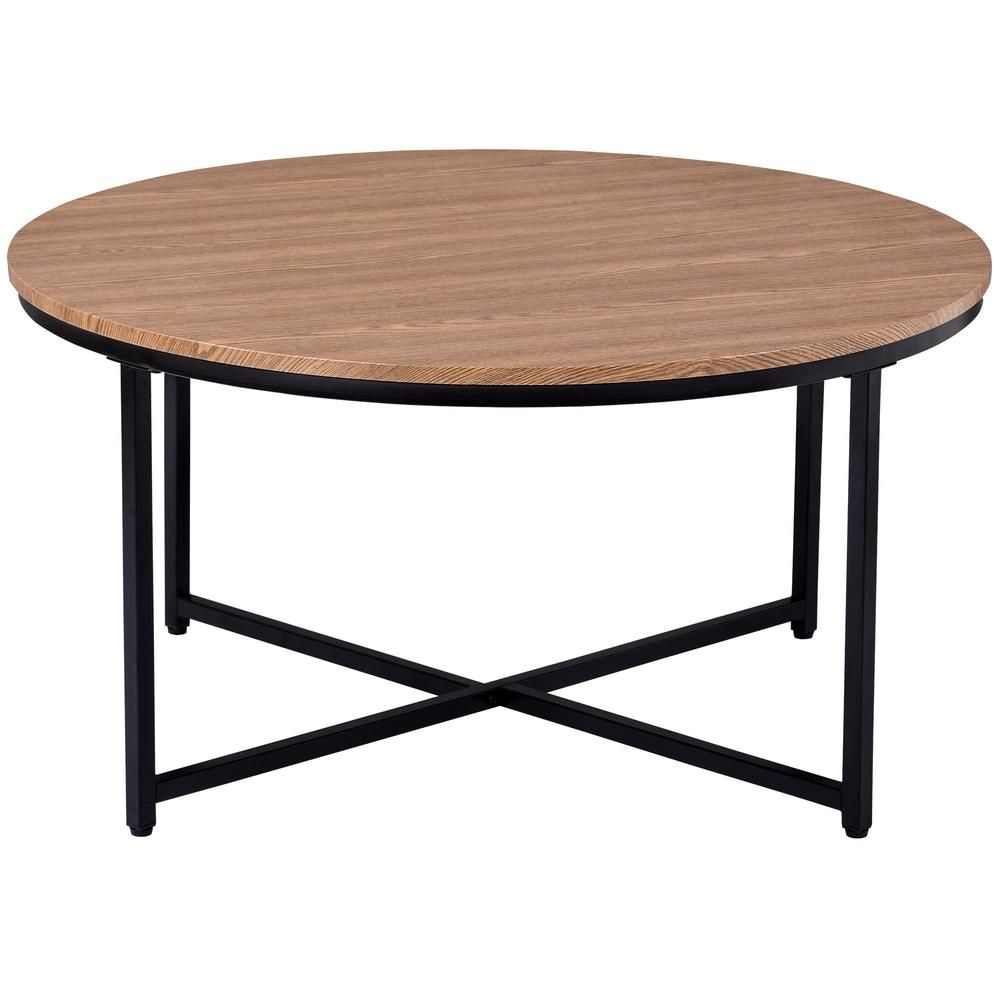 Qualfurn 35.4 in. Brown Round Metal and Wood Coffee Table featuring X-shaped Base and Adjustable Leg | The Home Depot