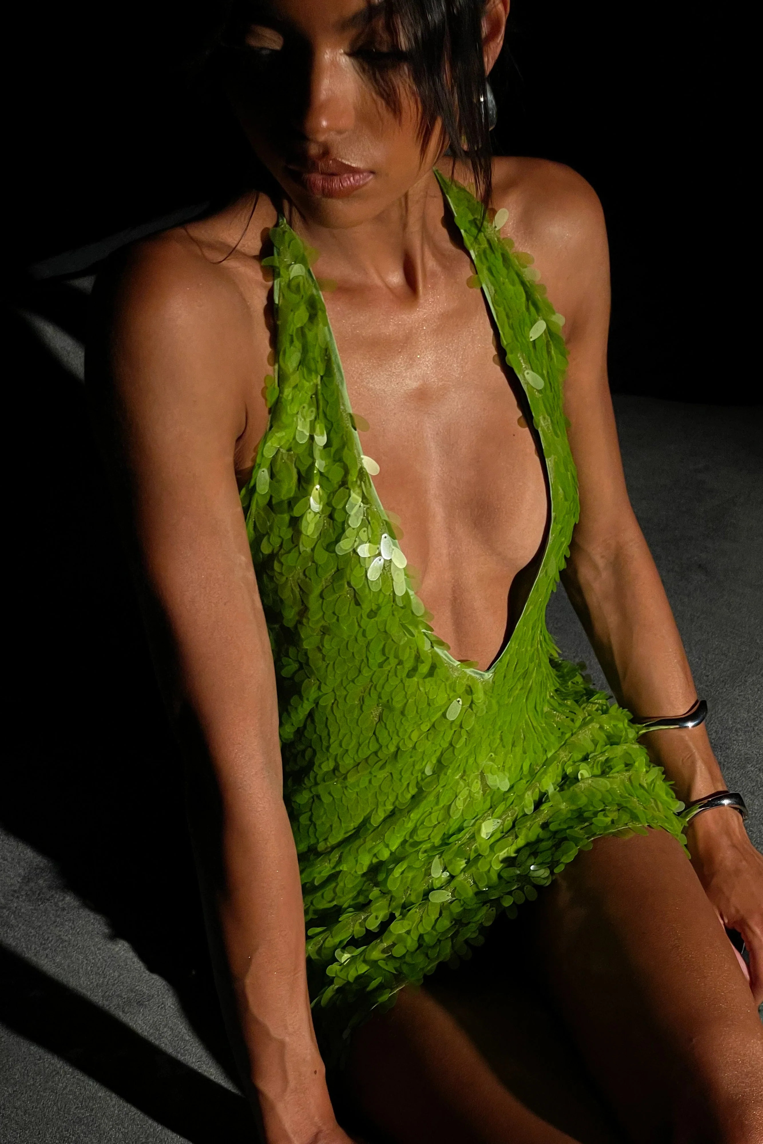 Primrose Sequin Halter Mini Dress - Parakeet Green | MESHKI US
