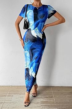 PRETTYGARDEN Women Maxi Bodycon Dress Summer Short Sleeve Printed Y2K Long Fitted Pencil Club Par... | Amazon (US)