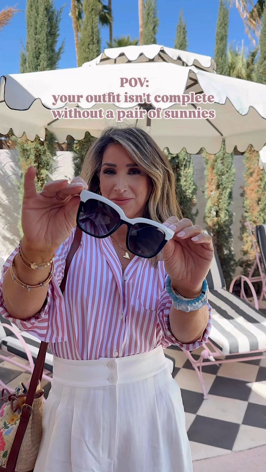 Cute Spring outfits need cute sunnies. 🕶️☀️
Spring outfits, sunglasses, pink stripe button down shirt, white linen trousers, vacation outfit

#LTKOver40 #LTKWatchNow #LTKStyleTip