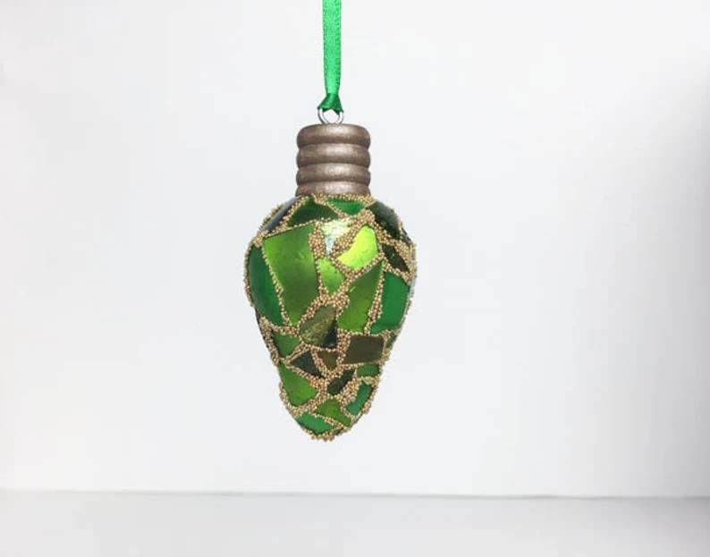 Green Mosaic Christmas Lightbulb Ornament, Glass Ornament, Retro Lightbulb, Metallic Glass, Deck ... | Etsy (Global)