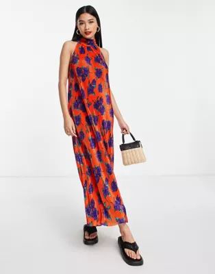 ASOS DESIGN plisse column midi sleeveless dress in orange and blue rose | ASOS (Global)