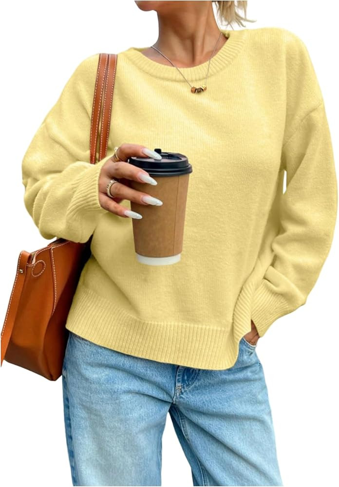 GORGLITTER Women's Crew Neck Oversized Knitted Sweater Long Sleeve Drop Shoulder Lightweight Pull... | Amazon (US)