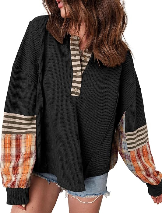 SELINK Womens Long Sleeve Henley Shirts Casual Waffle Stripe Plaid Patchwork Sweatshirts Knit Top... | Amazon (US)