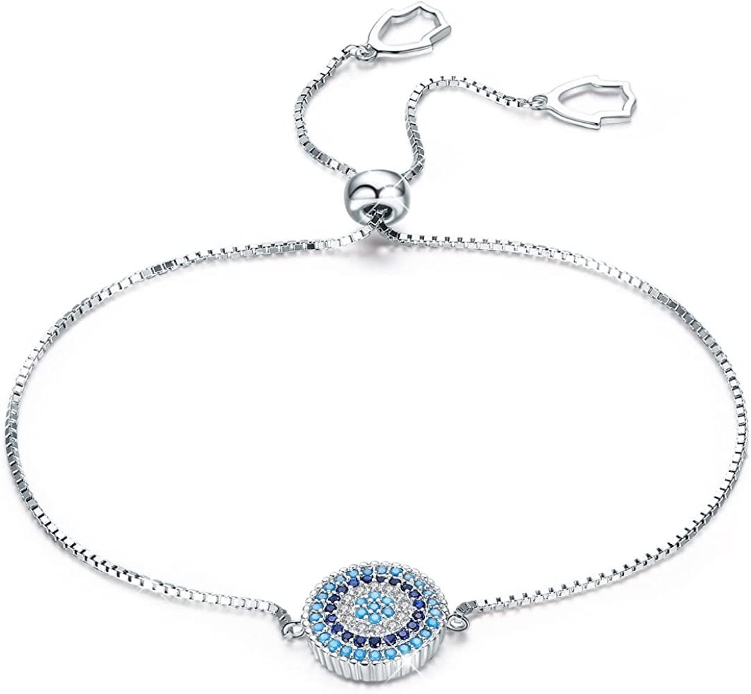 BISAER 925 Sterling Silver Blue Evil Eye Bracelet with Cubic Zirconia Hamsa Adjustable Chain Brac... | Amazon (US)