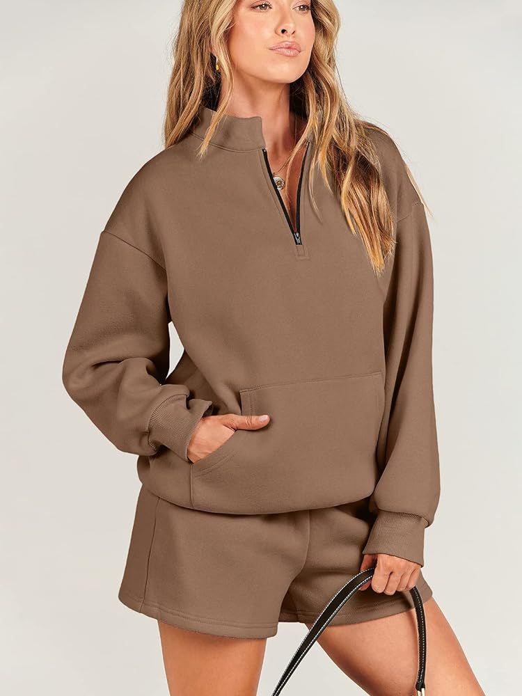 ANRABESS Women 2 Piece Outfits Sweatsuit Oversized Half Zip Collared Sweatshirt & Short Set Lounge W | Amazon (US)
