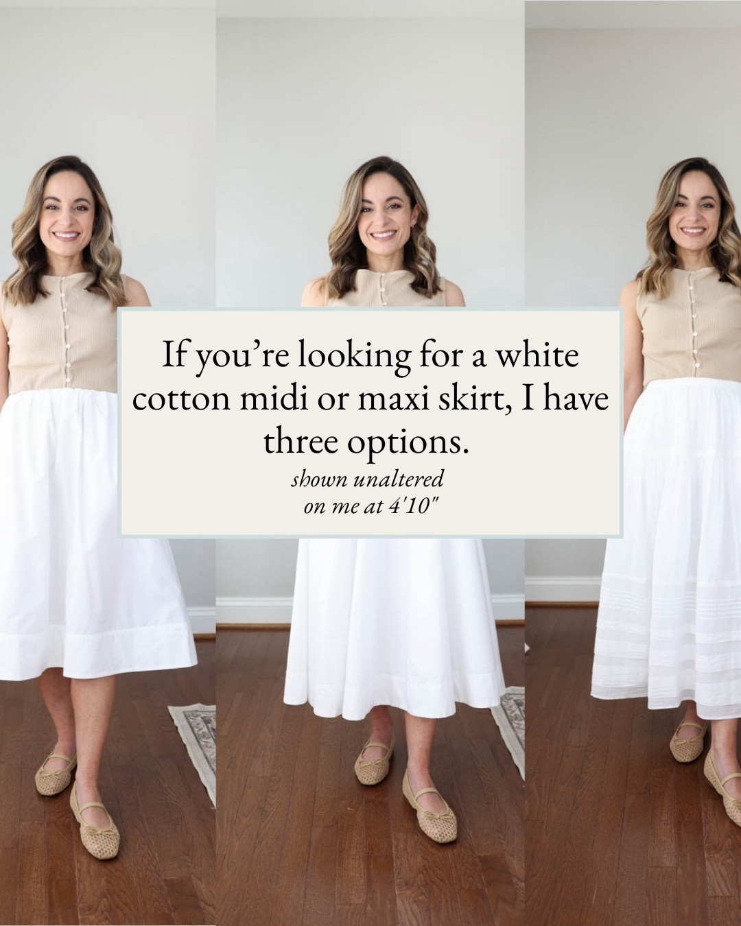I tried three petite-friendly white cotton midi and maxi skirts to compare the fit for you. 

J.Crew Skirt: Petite XXS - true to size, pull on style. Unlined.

Ann Taylor Skirt: Petite 00 - runs large, I recommend a size down. Zipper closure, fully lined. 

Abercrombie Skirt: Petite XXS - true to size, pull on style. Fully lined. 

Top (Ann Taylor): Petite XXS
Shoes (J.Crew Factory): True to size 

My Sizing: I’m 4’10”, and my bust, waist, and hip measurements are 32″, 24″, and 36″. My ankle inseam is 25". 

#LTKPetite