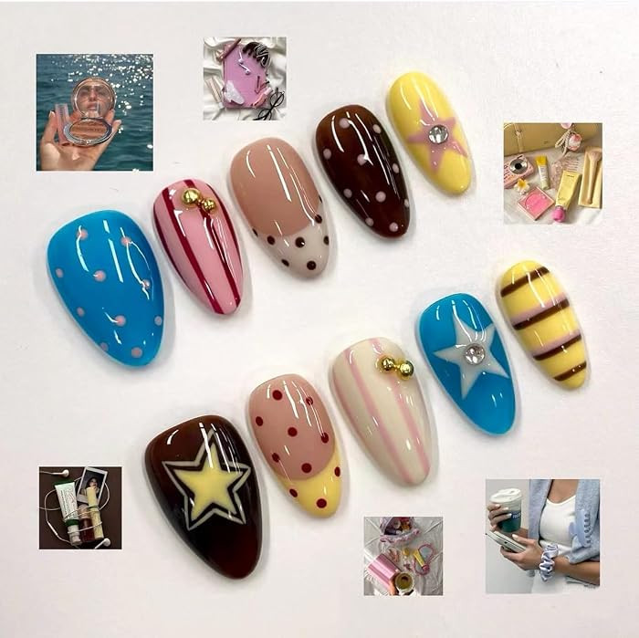 Medium Almond Press On Nails - Cute Pastel Polka Dots, Stripes & Star Design, Retro Y2K Style,30P... | Amazon (US)