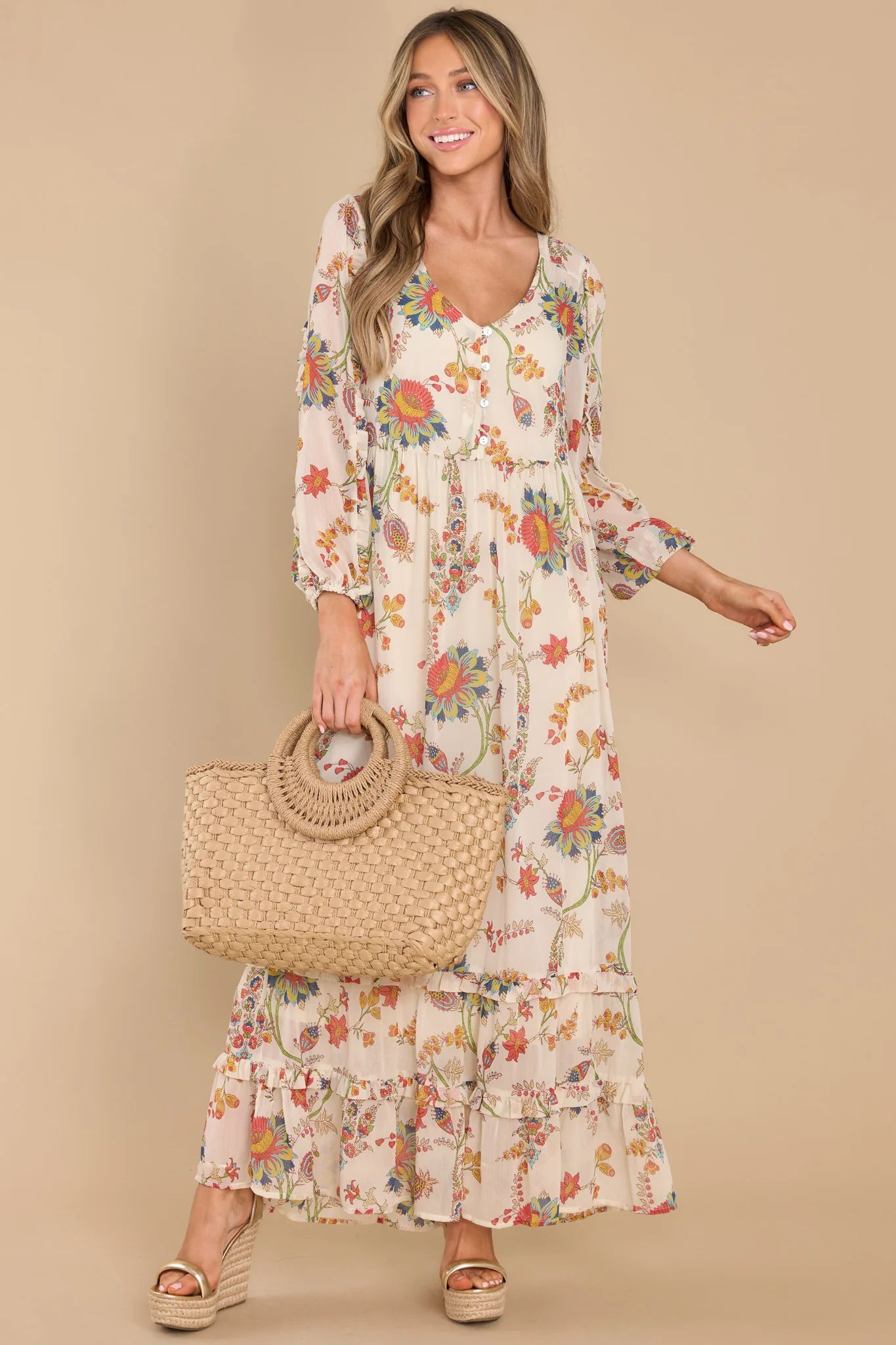 Earthly Elegance Ivory Floral Print Maxi Dress | Red Dress 