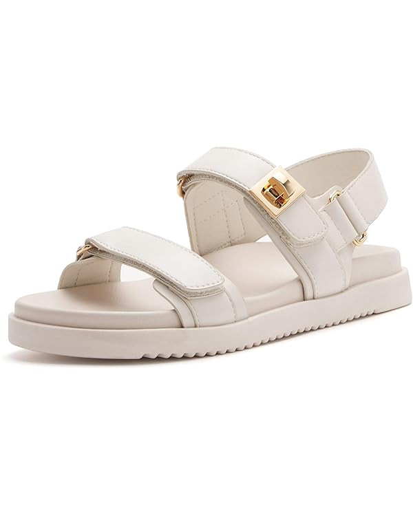 vodvob Women's Flat Sandals Double Straps Adjustable Slides with Soft Arch Support Slip On Casual... | Amazon (US)