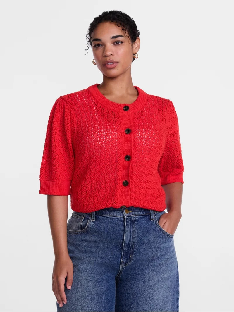 Scenario Women's and Women's Plus Crewneck Cardigan with Short Sleeves, Lightweight, Sizes XS-4X | Walmart (US)