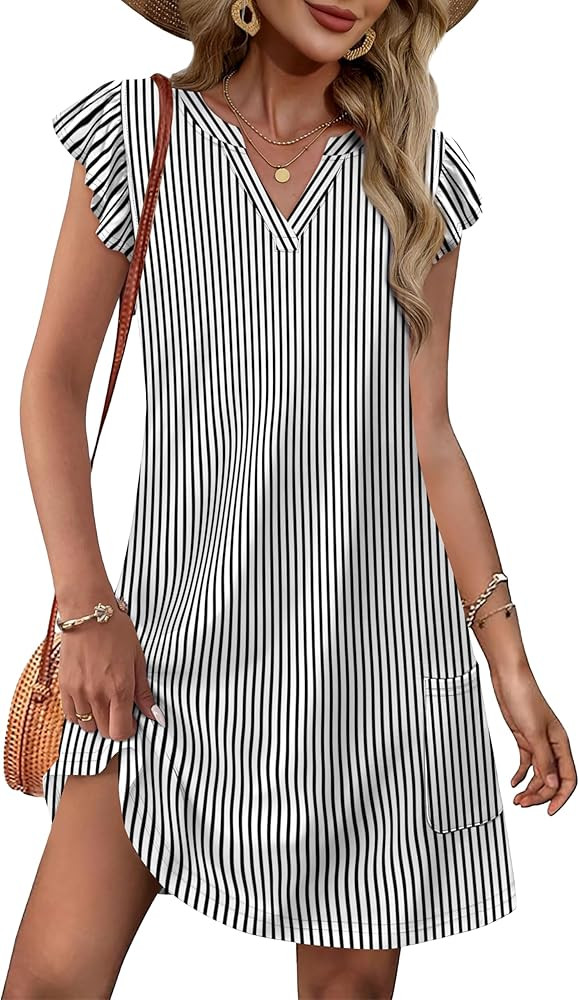 OFEEFAN Spring Summer Dresses for Women 2026 Casual Ruffle Sleeve V Neck Loose Swing Sundresses w... | Amazon (US)