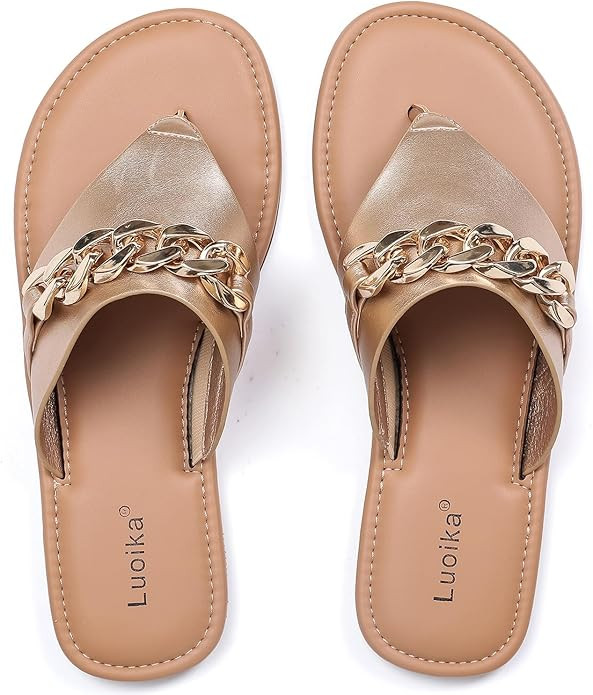 Luoika Women's Wide Width Flat Slides Sandals, Flip Flop Strappy Rhinestone Thong Sandals Comfort... | Amazon (US)