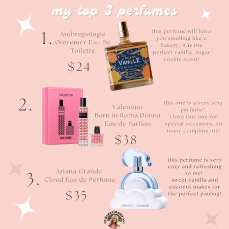 TOP 3 PERFUMES!!
all of these are so affordable! I’m loving my number 1! I tried a little sampler of it and I had to order it right away it smelled so good! 
Born in Roma is definitely one to splurge on! It smells so nice and is great for special occasions! You’ll get so many compliments! 
I had to put Cloud on there too bc she is that girl! Such a heavenly smell, you’ll have everyone drooling lol
Put these on your Christmas list or grab them for yourself!! You won’t regret it!

#holiday #perfume #list #christmas #vanilla #cloud #borninroma #outremer #anthropologie 

#LTKbeauty #LTKHoliday #LTKGiftGuide