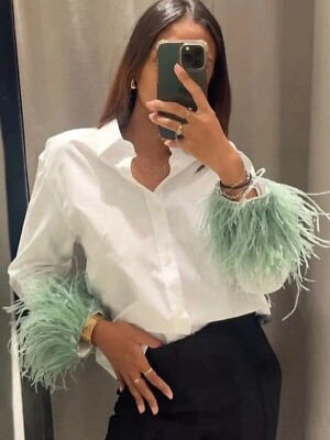 ZARA POPLIN SHIRT WITH FEATHER APPLIQUÉ WHITE NEW AW23 SIZES XS REF. 2165/003 | eBay US