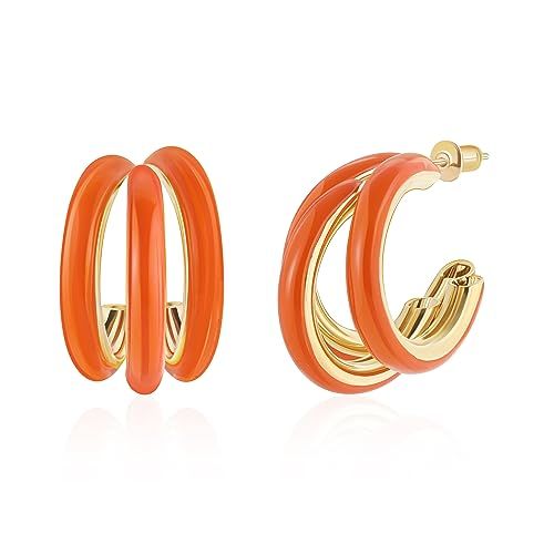 Amazon.com: Gold Hoop Earrings for Women, Chunky Triple Hoop Earrings Thick Three Open Hoop Trend... | Amazon (US)