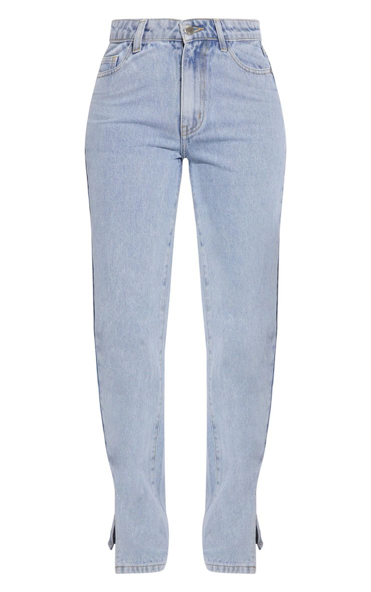 Petite Light Blue Dip Waist Split Hem Denim Jeans | PrettyLittleThing US