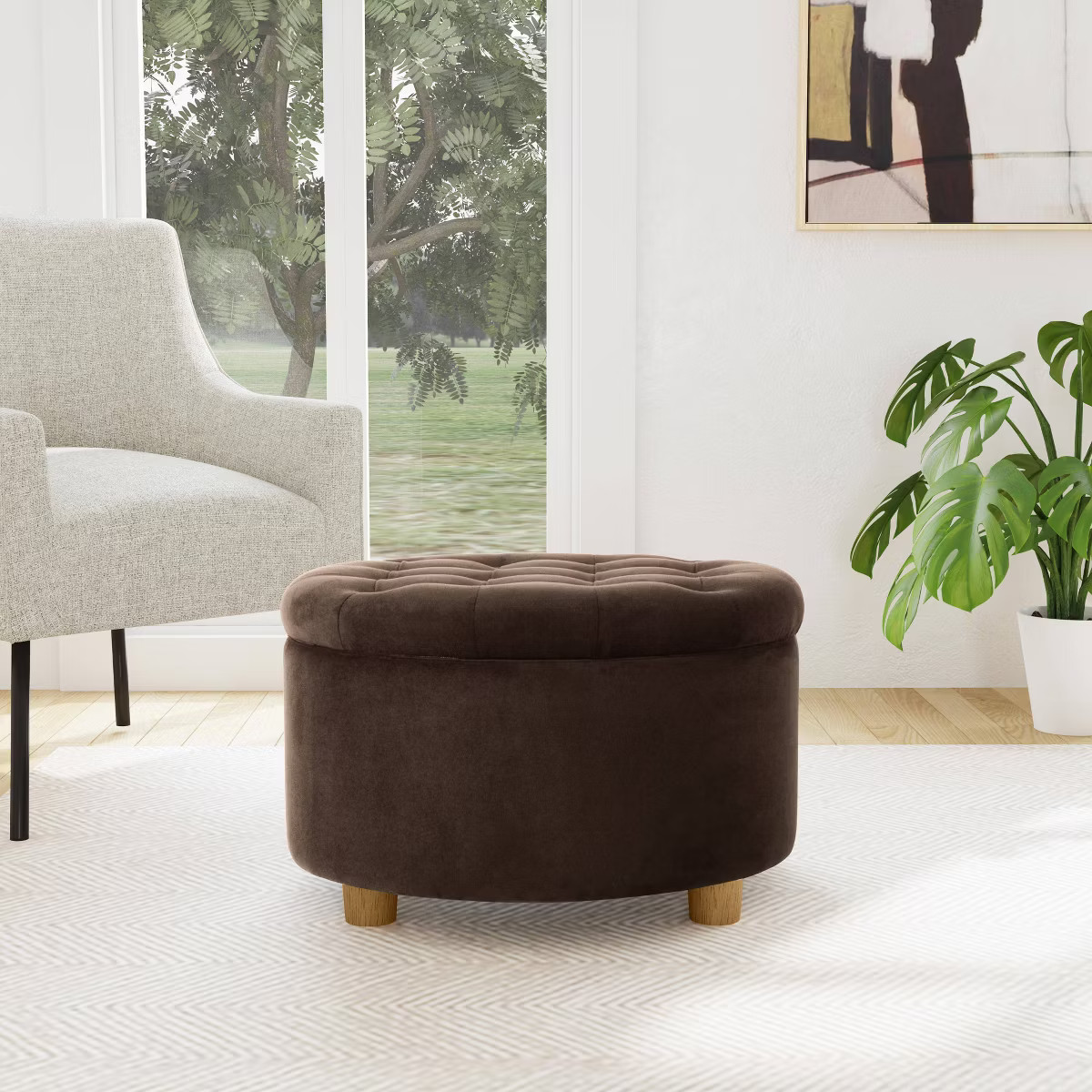 Tufted Round Storage Ottoman Velvet Brown - HomePop: Elegant Honey Oak Legs, Upholstered, Easy to... | Target