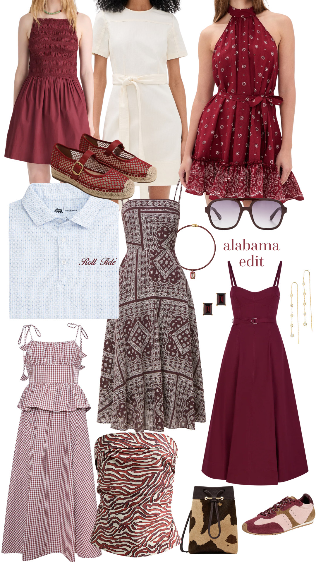 alabama game day finds with lots of crimson, gingham, and a few bandana-inspired prints mixed in! i love the dresses for tailgates or game day dinners, the matching gingham set for something a little more playful, and the red mary janes + sneakers for an easy pop of color. so many pieces here that work for tuscaloosa weekends without feeling overly “game day.”  

 #LTKootd #LTKSeasonal #LTKU