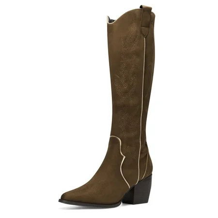 Dream Pairs Womens Cowboy Boots Comfortable Pull On Zipper Chunky Heel Pointed Toe Embroidered Weste | Walmart (US)