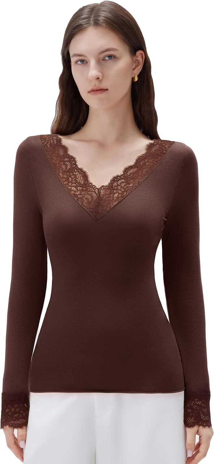 SUUKSESS Cloud Cashmere Blend Women Basic Tops V Neck Boat Neck Lace Long Sleeve Shirt | Amazon (US)
