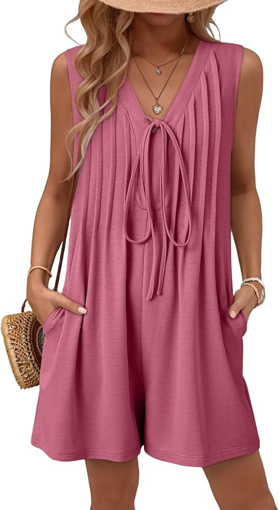 AlvaQ Womens Rompers Summer Loose Sleeveless Pleated Tie Front V Neck Shorts Jumpsuits with Pocke... | Amazon (US)