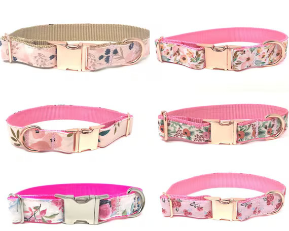 Pink Floral Dog Collars, Rose Gold Buckle, Gold, Rose Gold, Silver, Hot Pink, Dog Collar For Girl... | Etsy (US)