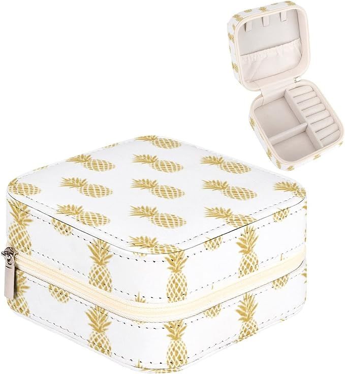 PU Leather Mini Gold Pineapple Summer White Jewelry Box, Small Travel Jewelry Box Case Storage Ho... | Amazon (US)