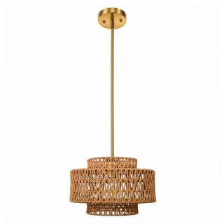 1-Light Brushed Gold Rattan Woven Drum Chandelier, Modern Hanging Pendant Light Fixture E26 for Kitchen Island Dining | The Home Depot