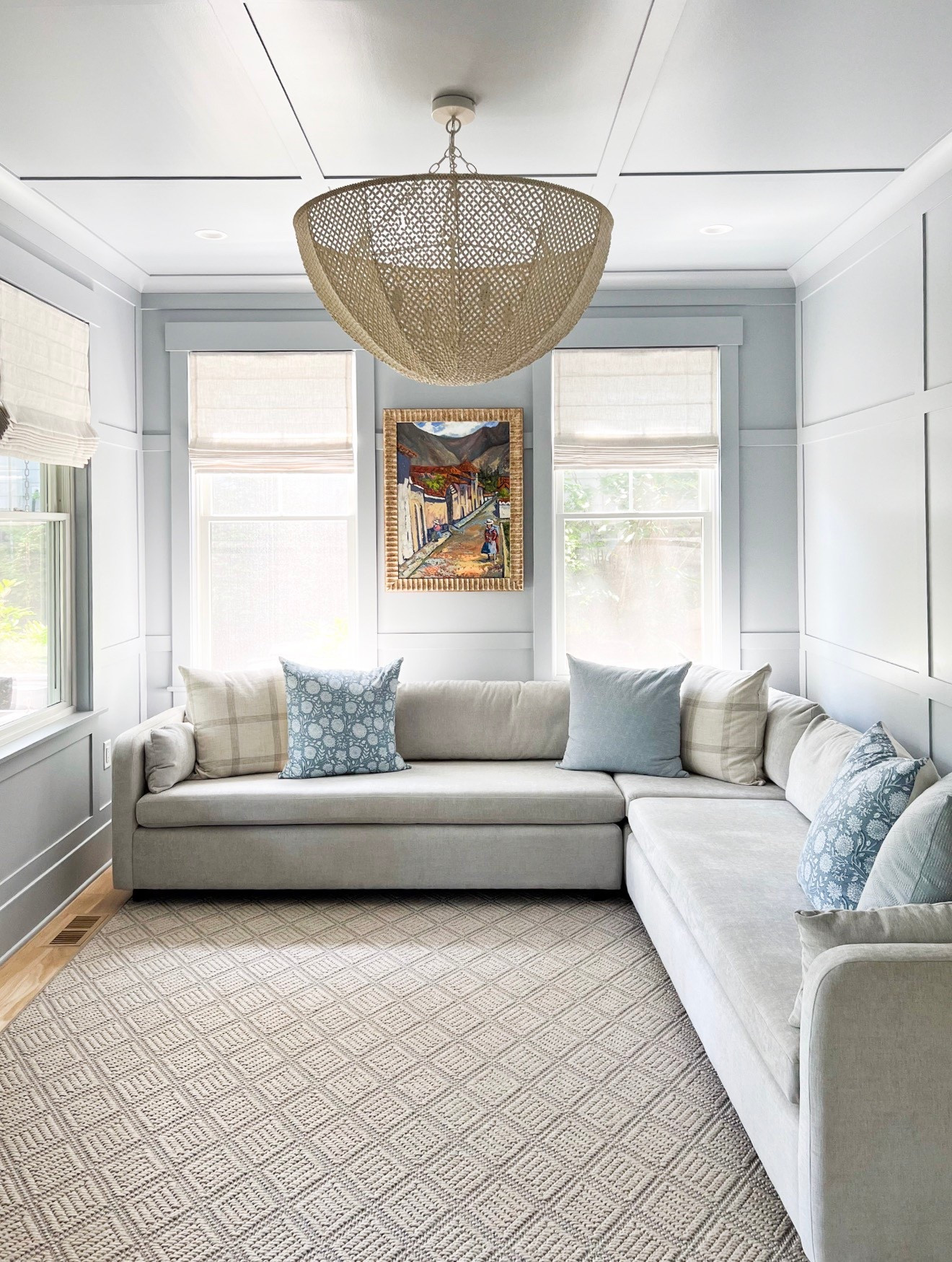 A little throwback to this gorgeous den that I helped with! This sectional fits the room like a glove, and we chose a custom rug to cover as much floor space as possible. Statement lighting is a must, and we layered in a mix of high and low pillows! Walls are painted BM Manor Blue 🙌🏻

#LTKSeasonal #LTKdayinmylife #LTKHome