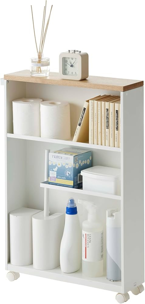 Yamazaki Home Rolling Slim Bathroom Utility Cart with Handle - Storage Shelf Narrow Organizer Rac... | Amazon (US)