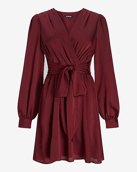 Satin Tie Waist Long Sleeve Mini Dress | Express