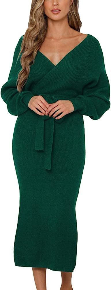 Women's Elegant V Neck Wrap Knit Dresses Batwing Sleeve Backless Slit Maxi Dress with Belted | Amazon (US)