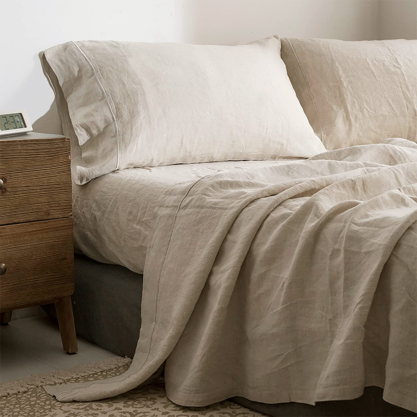 Simple&Opulence 100% Linen Sheet Set with Embroidery Washed - 4 Pieces (1 Flat Sheet & 1 Fitted Sheet & 2 Pillowcases) Natural Flax Soft Bedding Breathable Farmhouse - Linen, Queen Size | Amazon (US)