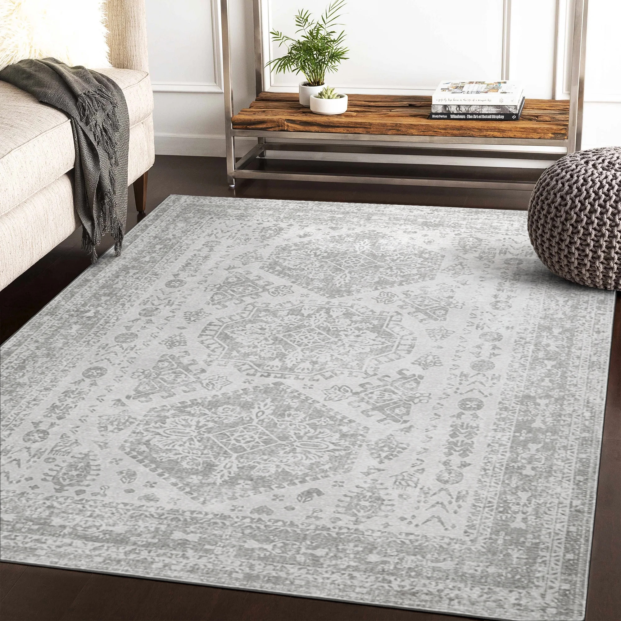 KUETH Area Rugs for Living Room 8x10 Machine Washable Bedroom Rugs Distressed Vintage Print Gray ... | Walmart (US)