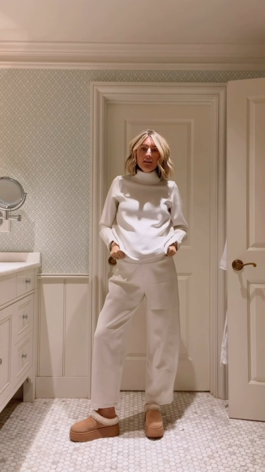 Obsessed with this white matching set 😍 the material is so soft & it makes the perfect travel or lounge outfit! Wearing S in the top & M in the bottoms to accommodate the bump. 

Loverly Grey, Spanx, matching set, lounge set, loungewear, travel outfit ideas, mockneck pullover, barrel pantss



#LTKBump #LTKSeasonal #LTKTravel