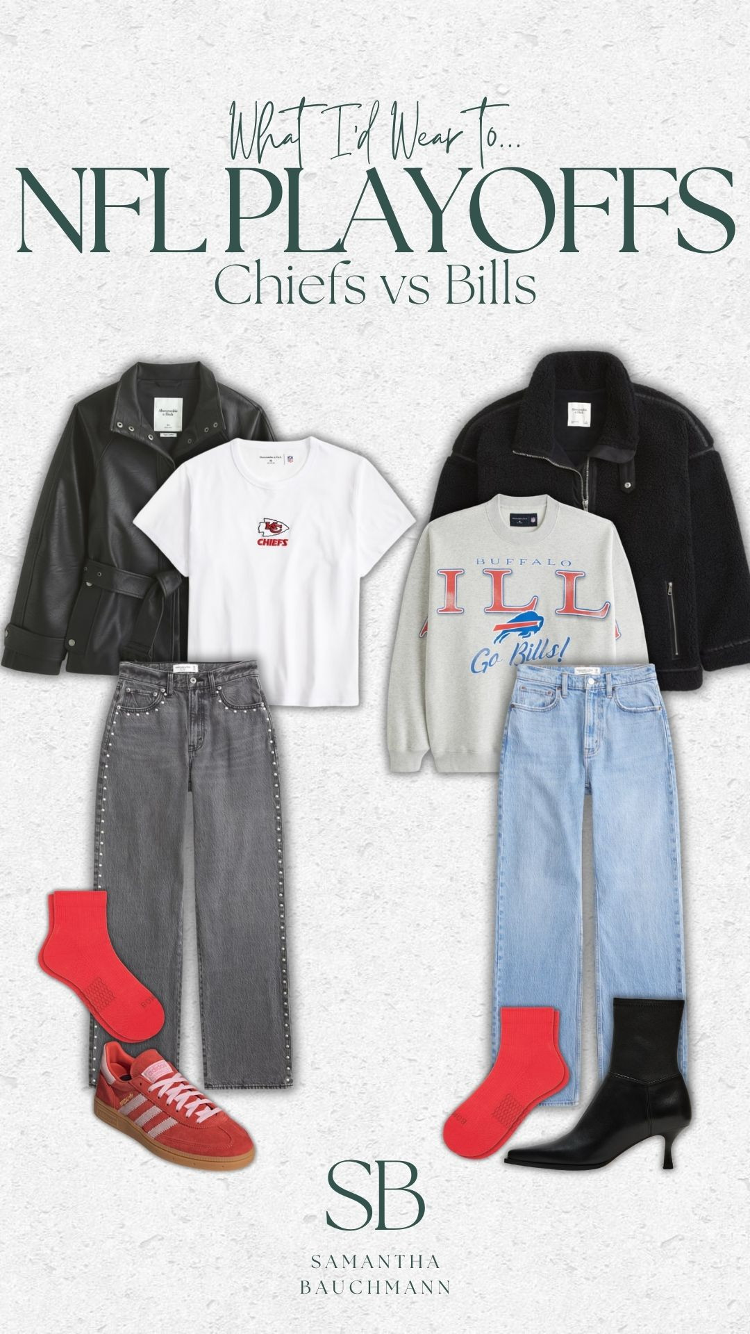 What I'd wear to an NFL play off game: Chiefs vs Bills 🏈 

sneakers, adidas sneakers, black booties, outfit idea, NFL game outfit idea, tall girl friendly fashion, abercrombie, abercrombie sale, casual style, adidas sneakers, alo sneakers, neutral shoe, abercrombie NFL crewneck, leather jacket, blazer, boy mom, mom of 4, Samantha Bauchmann 

 #LTKSeasonal #LTKFindsUnder100 #LTKStyleTip