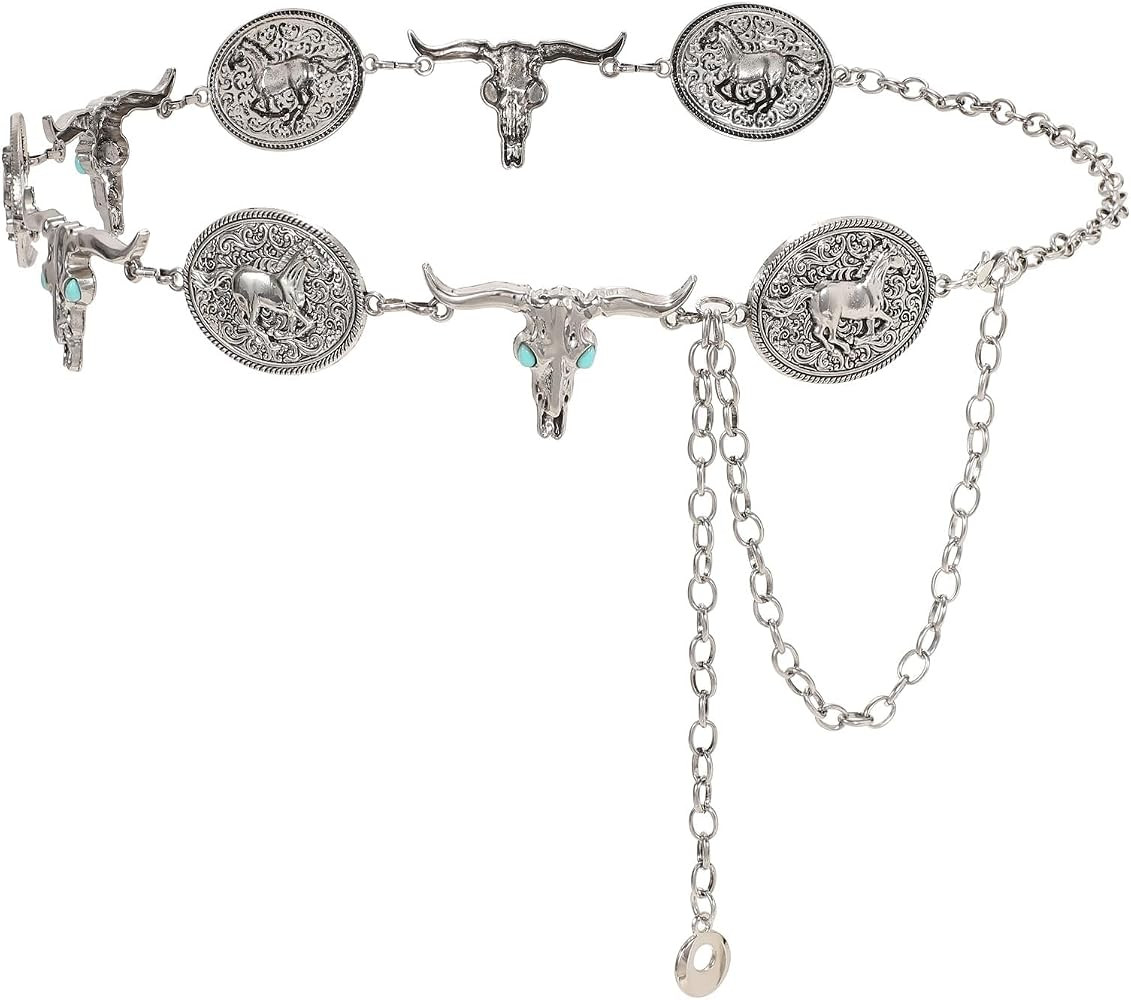 WHIPPY Western Metal Concho Belt for Women Vintage Cowgirl Boho Turquoise Chain Belts for Dresses... | Amazon (US)