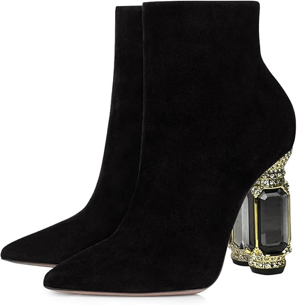 FSJ Women Chic Pointed Toe Crystal Chunky Block High Heel Ankle Boots Glossy Side Zipper Casual D... | Amazon (US)