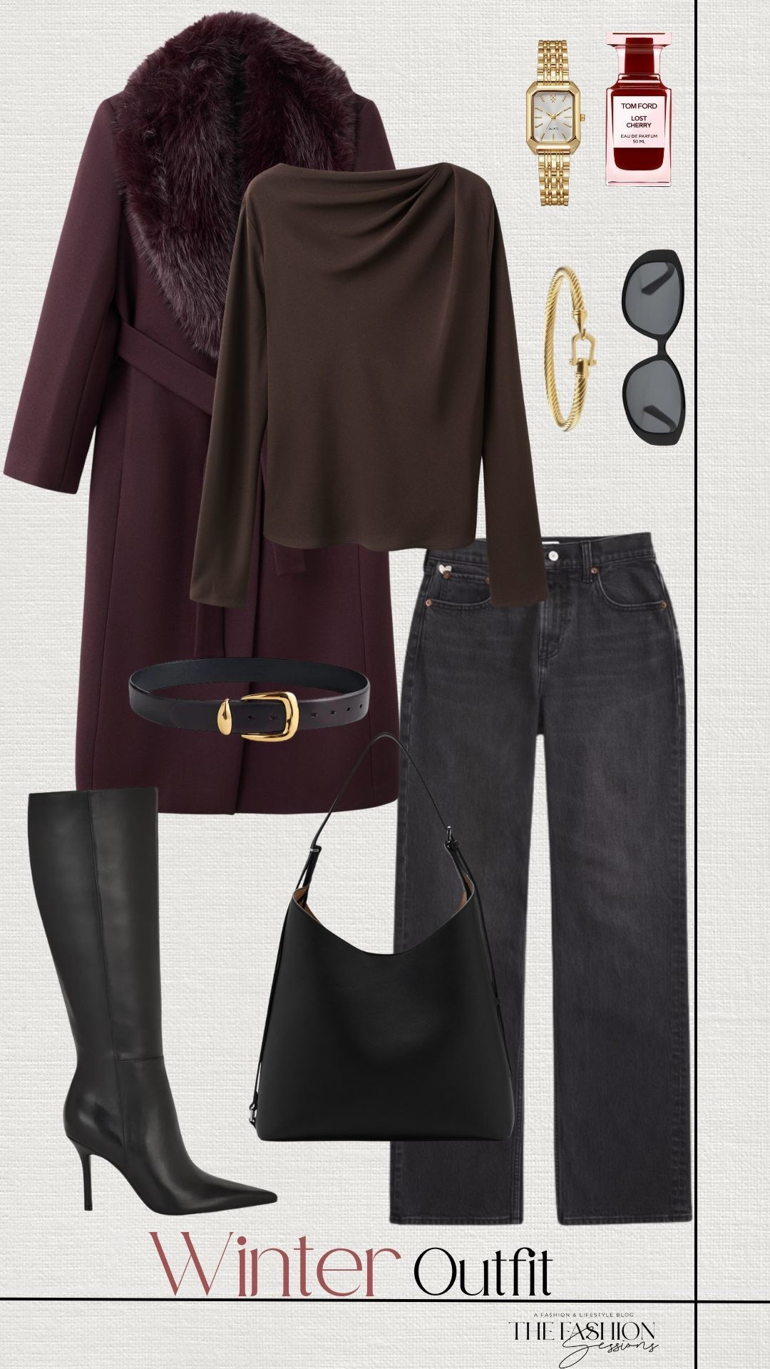 Winter Outfit | Burgundy Coat | Boat Neck Top | Denim Jeans | Knee High Boots 