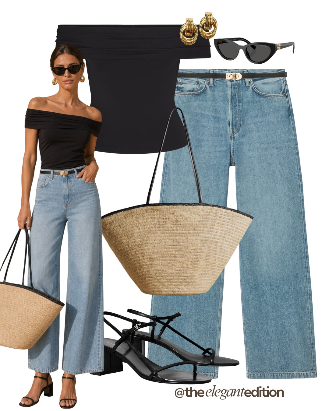 BLACK TOP & WIDE-LEG DENIM LOOK 🖤 — Black off-shoulder top, belted wide-leg light-wash jeans, gold knot earrings, straw basket bag and black strappy heels.
#summeroutfit #oldmoney #LTKsummer #LTKstyletip 

 #LTKeurope #LTKstyletip #LTKjeans