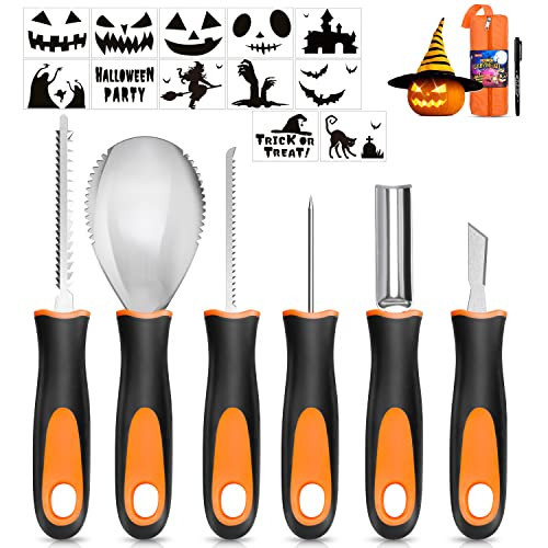 SUEFFI Halloween Pumpkin Carving Kit, 6 Pcs Pumpkin Carving Knife with 12 Stencils 1 Mark Pen 1 Storage Bag, Professional Pumpkin Carving Tools | Amazon (US)