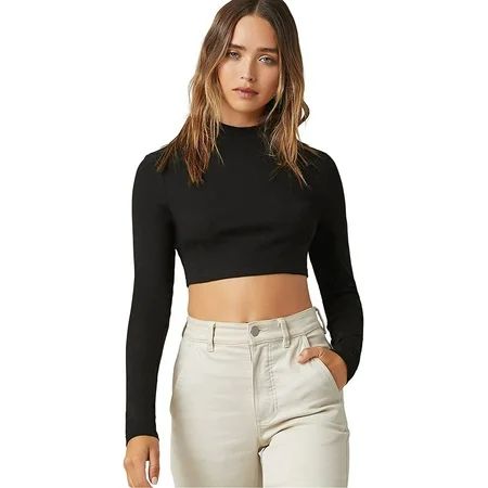Women s Basic Long Sleeve Mock Neck Crop Top Tee Shirts | Walmart (US)